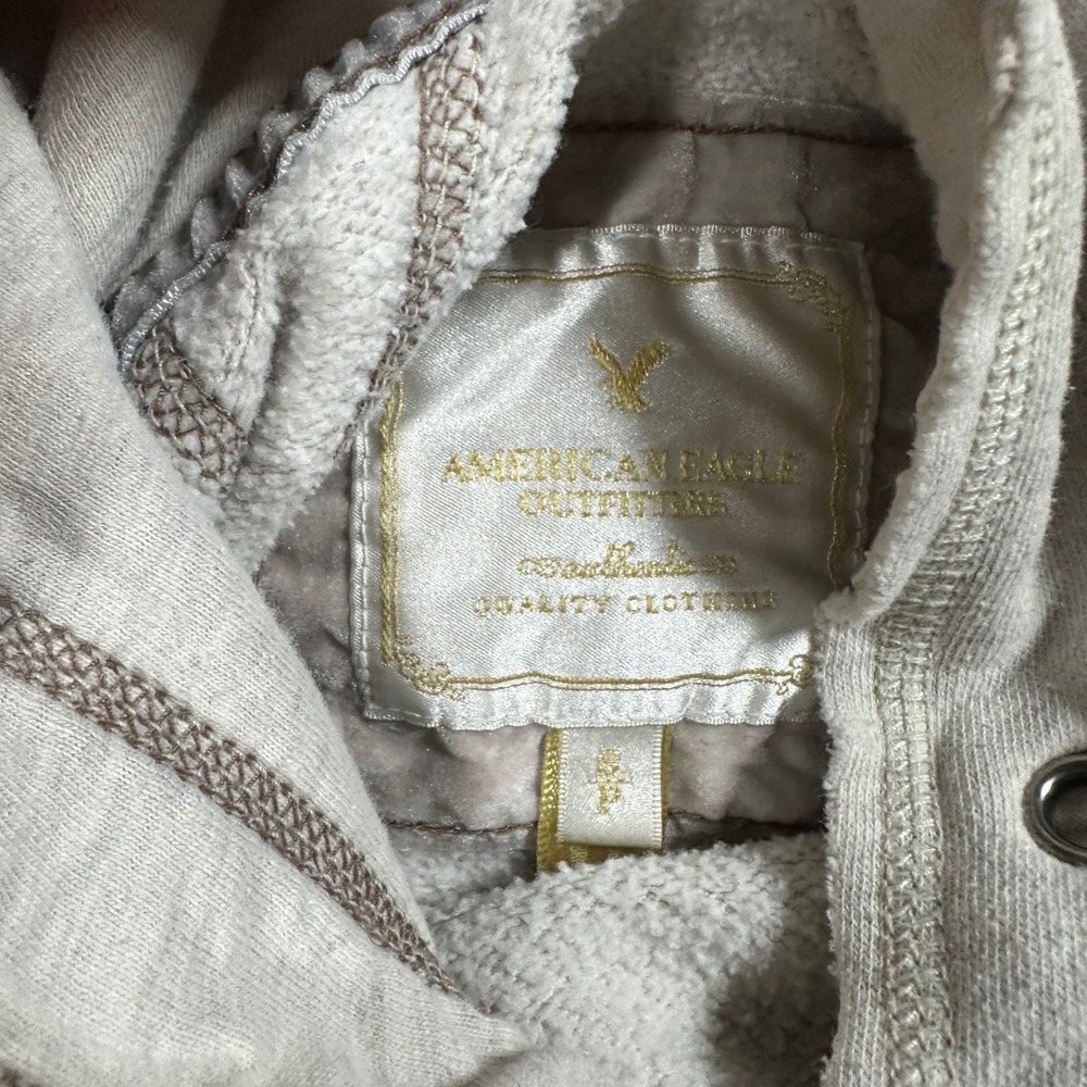 American Eagle Womens Oatmeal Heather Embroidered Logo Hoodie Small Y2K Fleece - Picture 5 of 7
